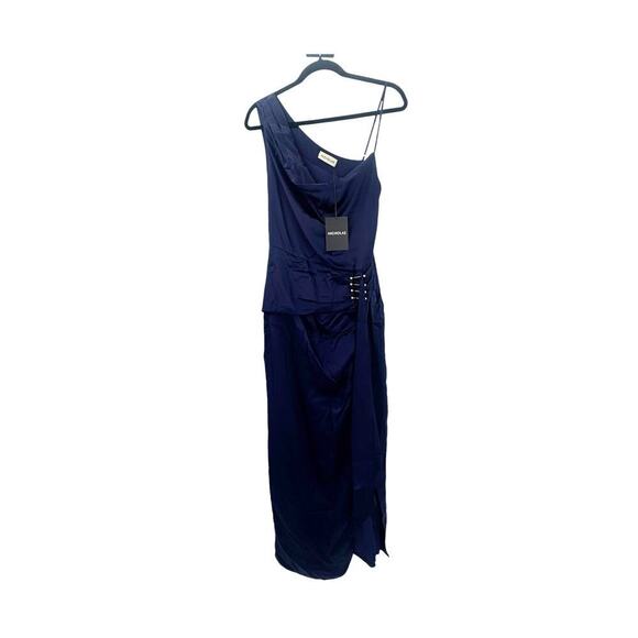 NIcholas Satin Senda Asymmetric Ruched Gown Midnight Blue Size 8 NWT - Picture 5 of 12
